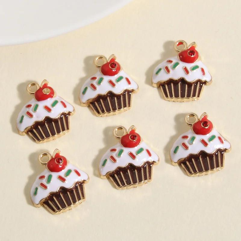 10pcs Gold Color 19x18mm Lovely Enamel Cherry Cake Charms Bake Pendant For Handmade Necklaces Earrings Jewelry Makin